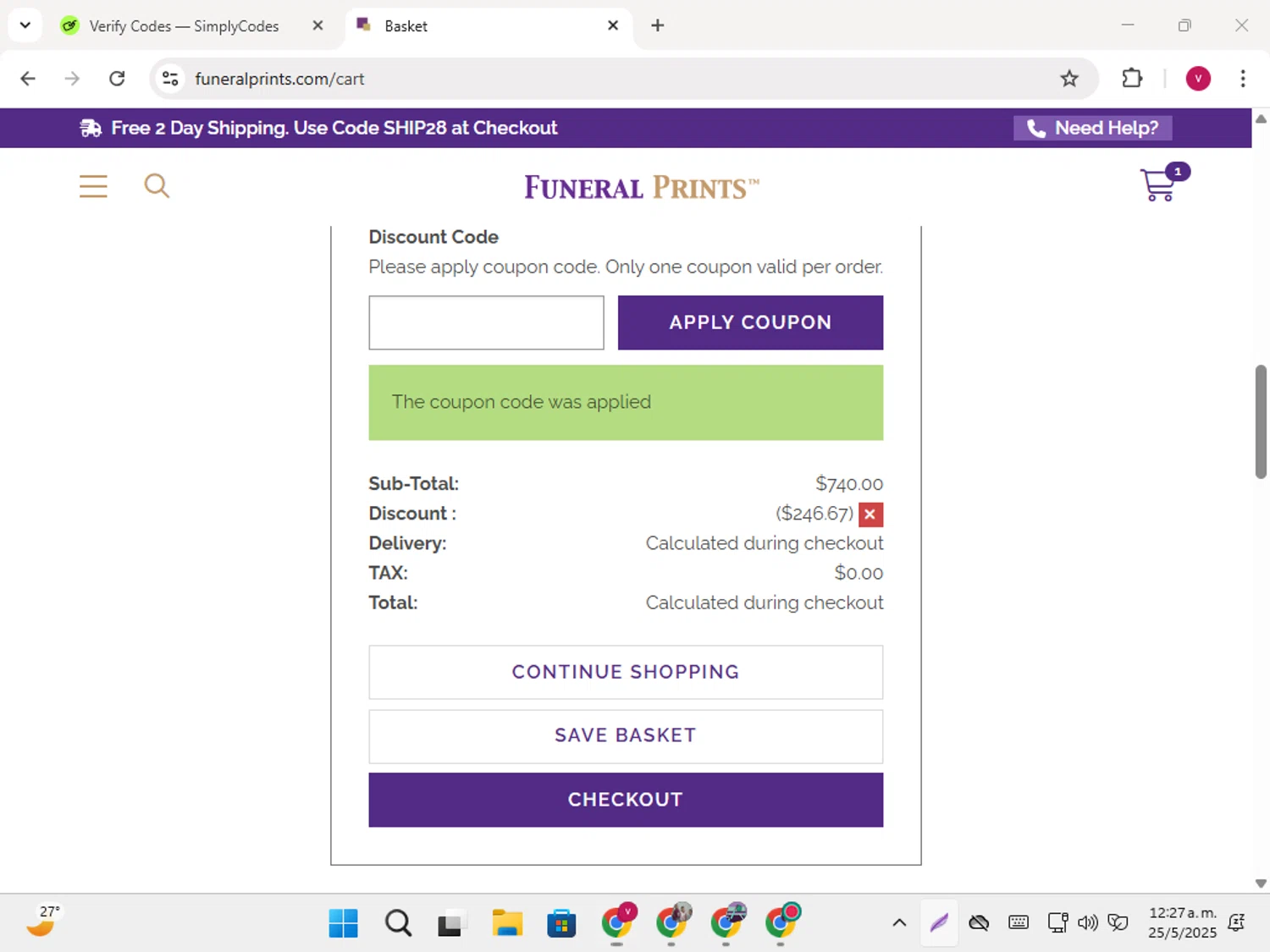 Funeral Prints discount code screenshot showing code B2G1 applied at Funeral Prints checkout page. Uploaded by SimplyCodes community member karoline on May 25, 2025