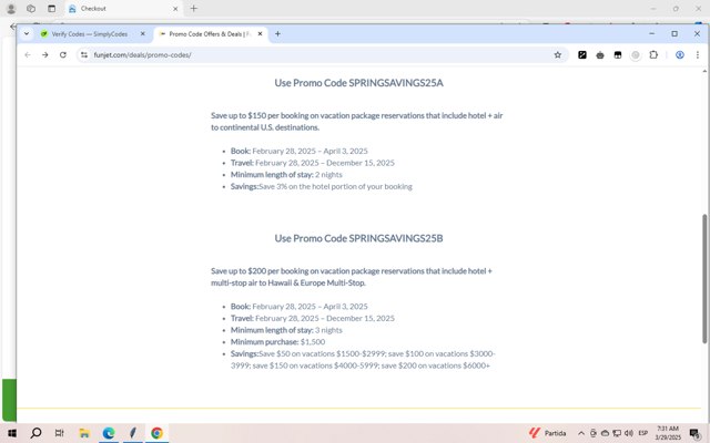Funjet checkout page showing Funjet promo code box | Screenshot taken by SimplyCodes community member on Mar 29, 2025
