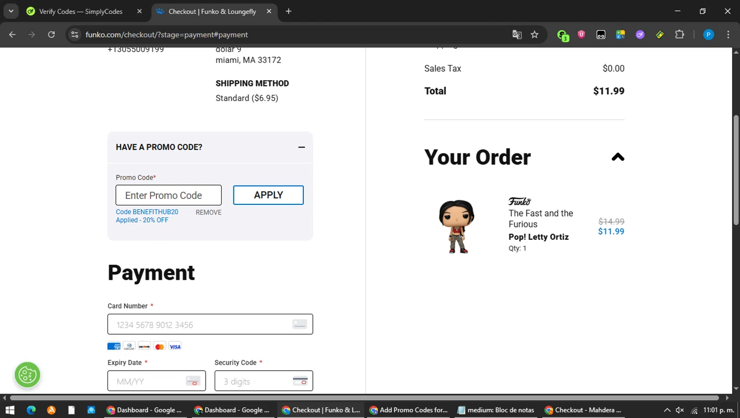 Funko promo code screenshot showing code BENEFITHUB20 applied at Funko checkout page. Uploaded by SimplyCodes community member MAVESA on Feb 23, 2026