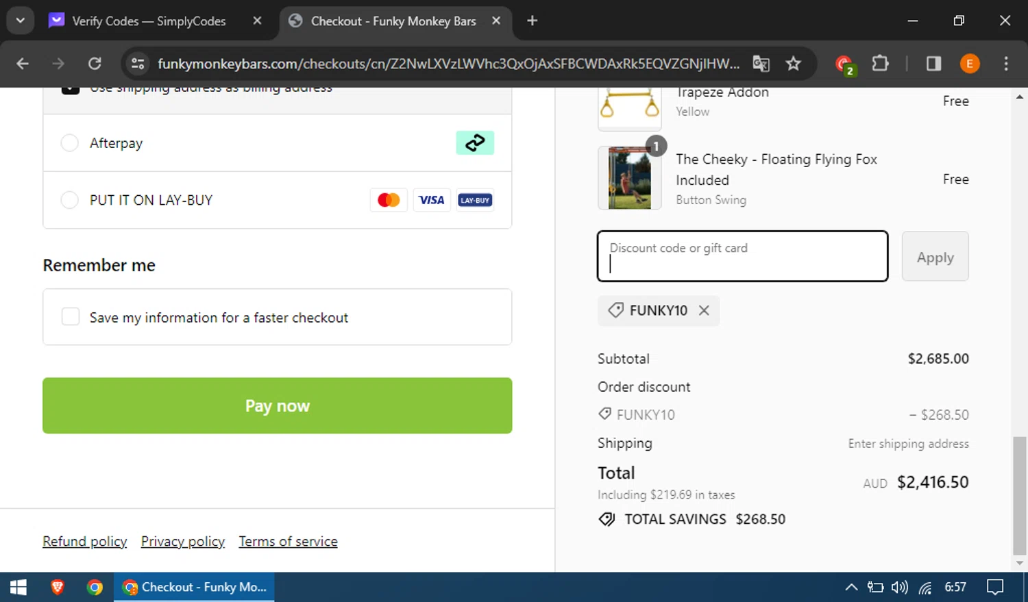 Funky Monkey Bars checkout page showing Funky Monkey Bars discount code box | Screenshot taken by SimplyCodes community member on Feb 11, 2024