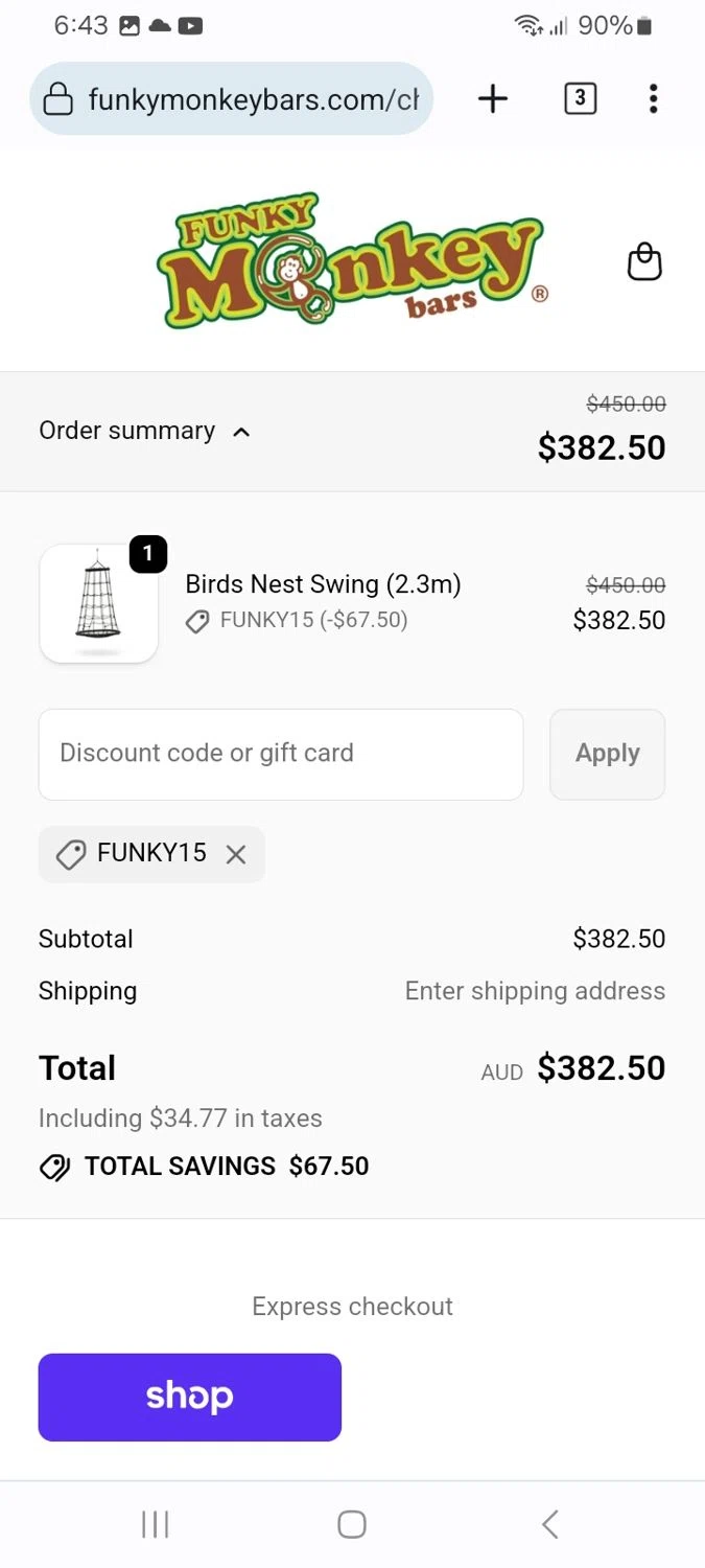 Funky Monkey Bars discount code screenshot showing code FUNKY15 applied at Funky Monkey Bars checkout page. Uploaded by SimplyCodes community member ScanMaverick9378 on Jan 6, 2026