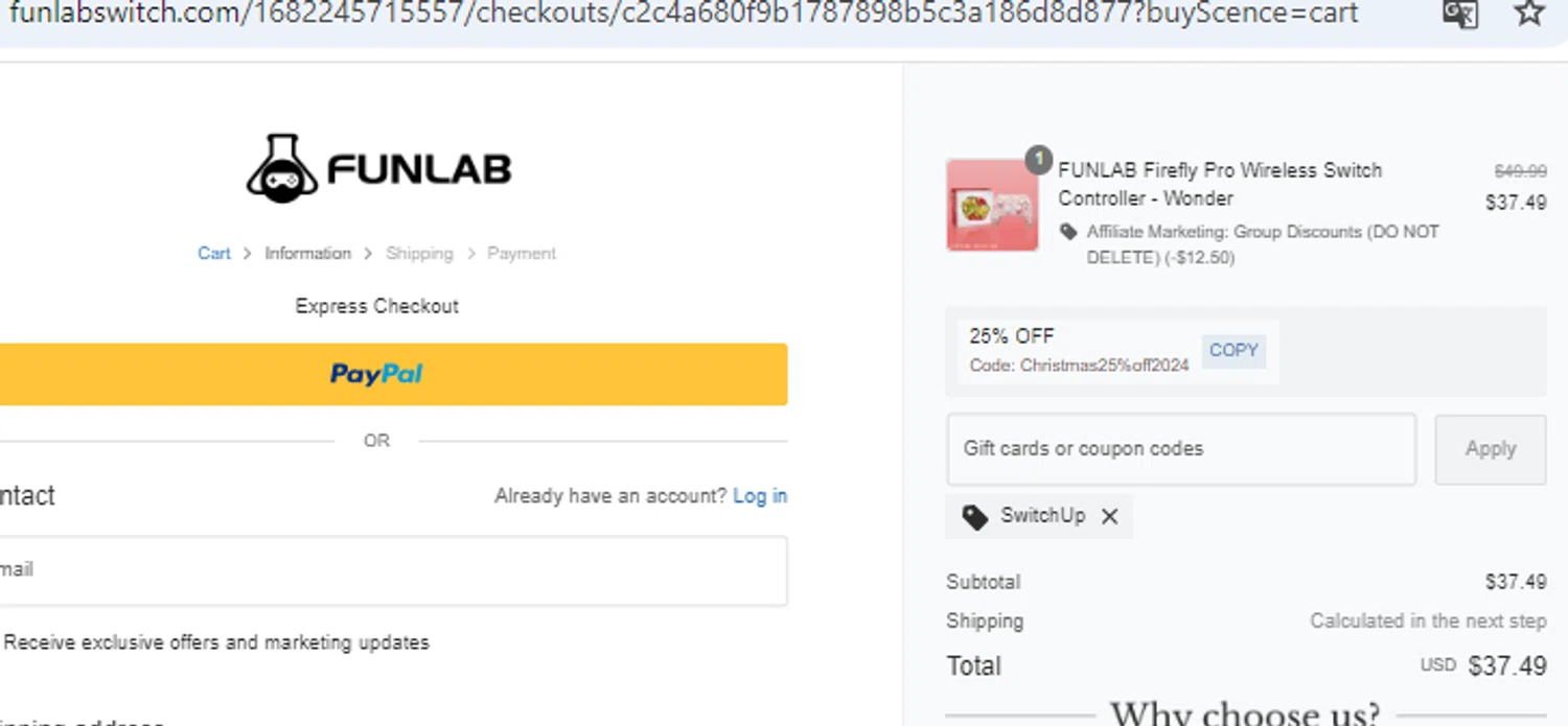 FUNLAB discount code screenshot showing code SWITCHUP applied at FUNLAB checkout page. Uploaded by SimplyCodes community member WiseAce8490 on Jan 4, 2025