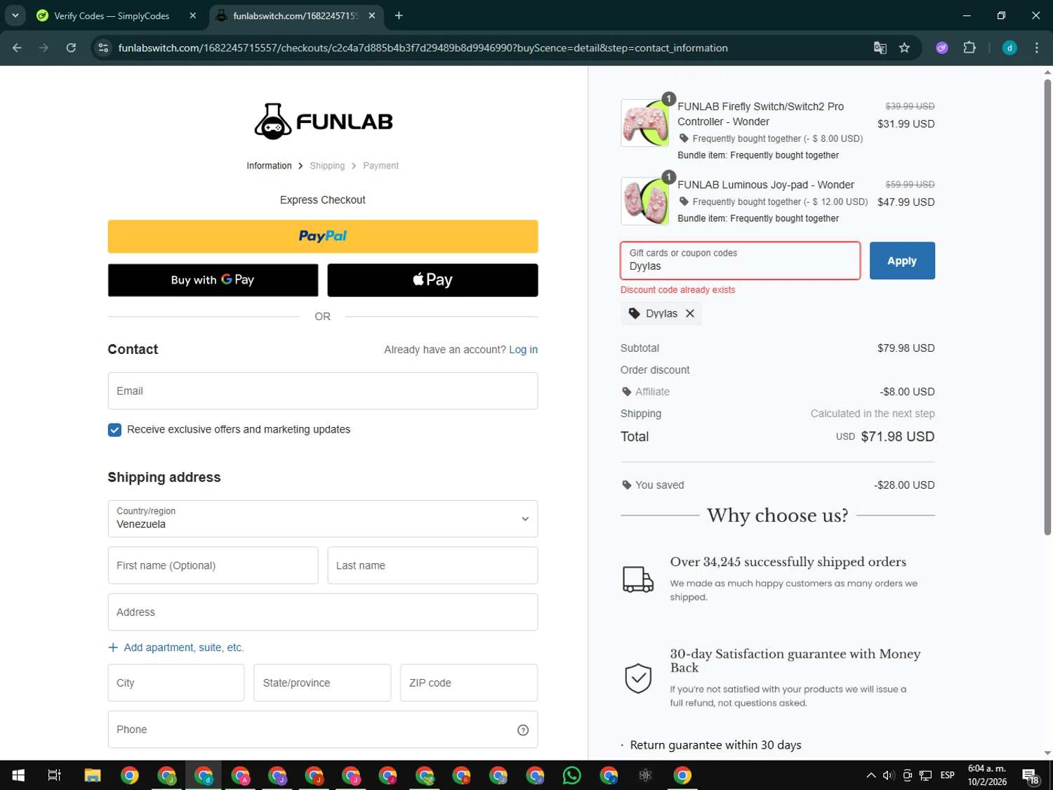 FUNLAB checkout page showing FUNLAB discount code box | Screenshot taken by SimplyCodes community member on Feb 10, 2026