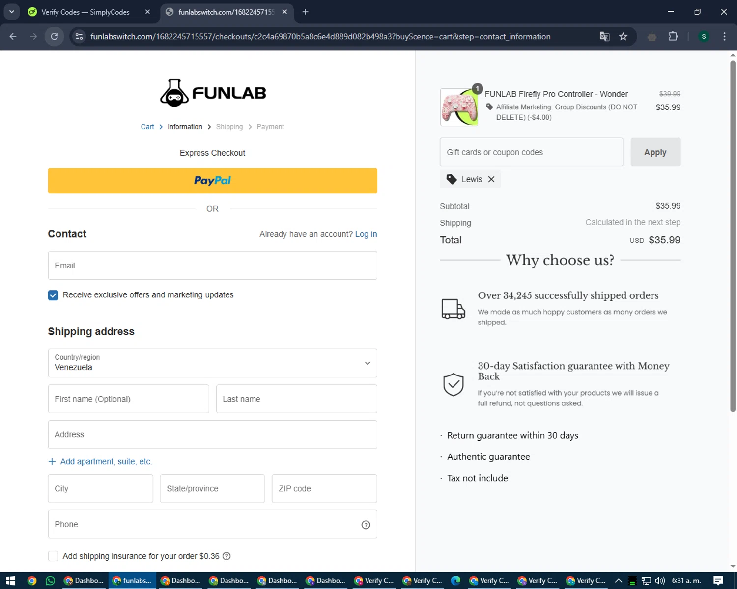 FUNLAB discount code screenshot showing code Lewis applied at FUNLAB checkout page. Uploaded by SimplyCodes community member lilMosey on May 9, 2025