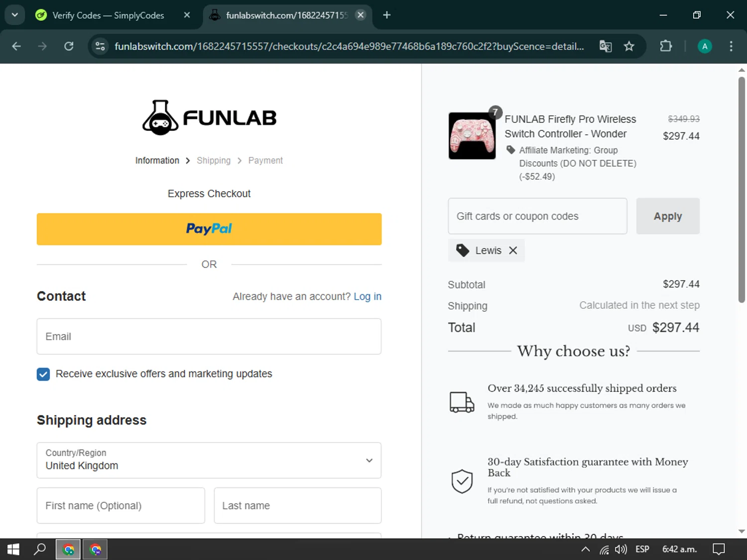 FUNLAB discount code screenshot showing code Lewis applied at FUNLAB checkout page. Uploaded by SimplyCodes community member brianoconner on Apr 10, 2025