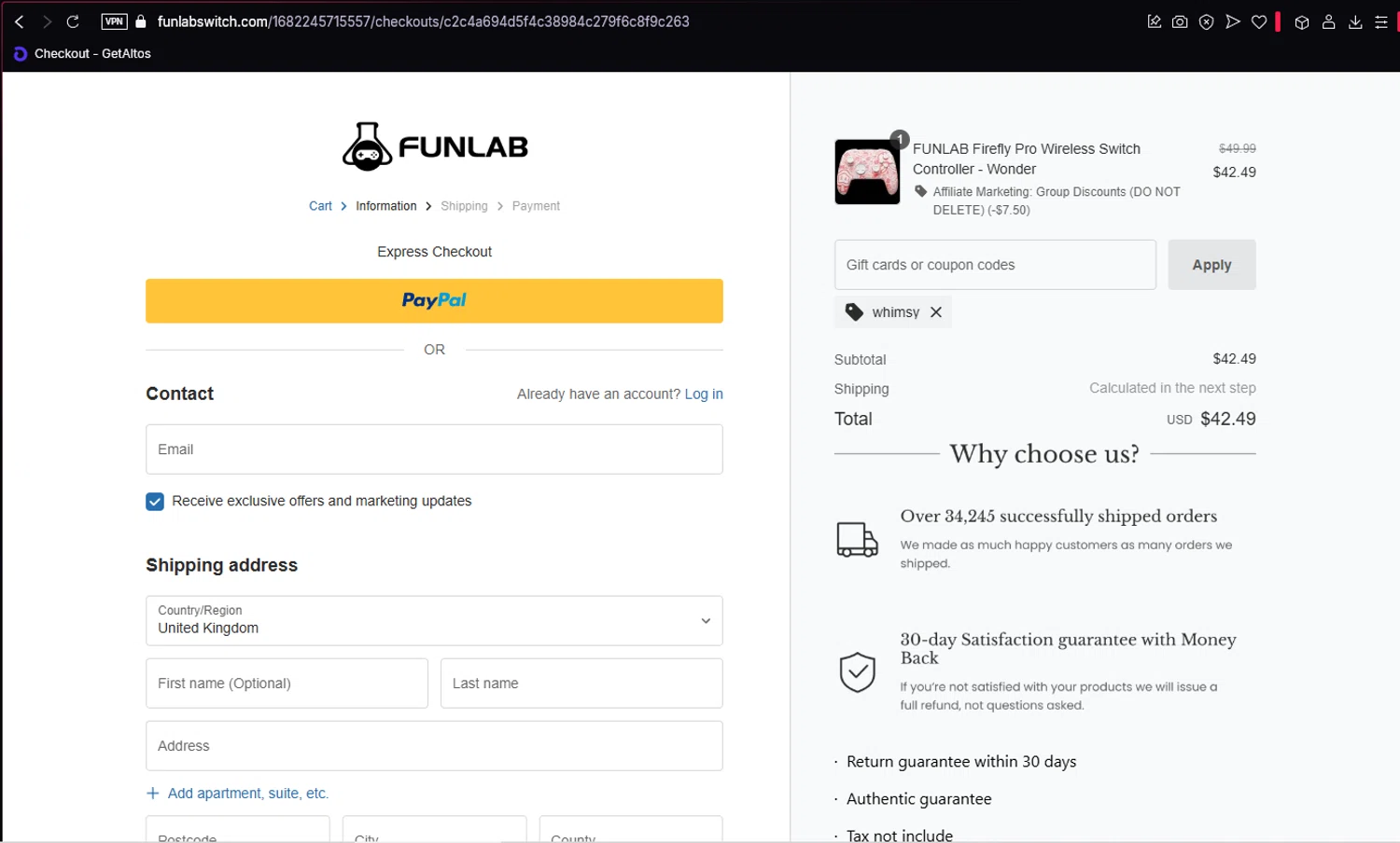 FUNLAB discount code screenshot showing code WHIMSY applied at FUNLAB checkout page. Uploaded by SimplyCodes community member BitPay on Apr 9, 2025