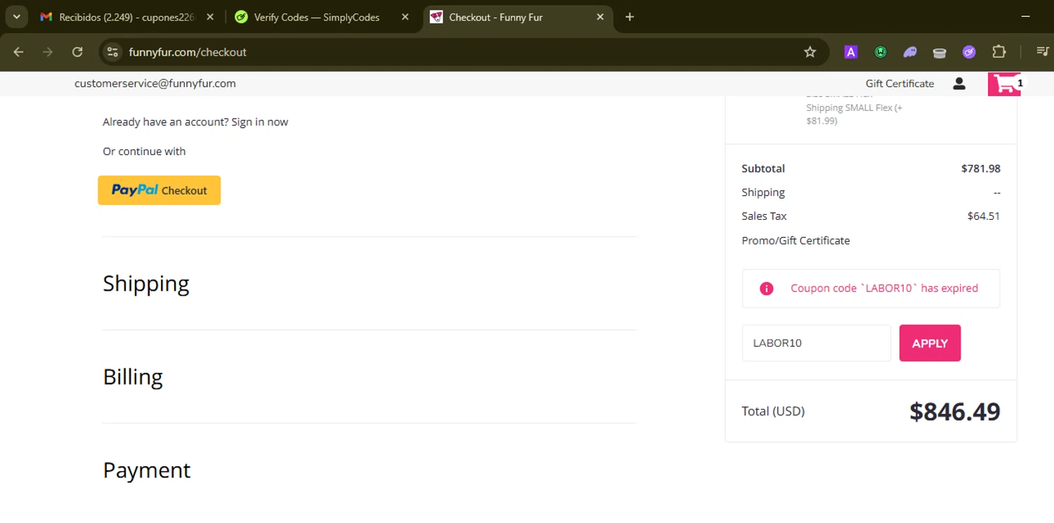 Funny Fur promo code screenshot showing code LABOR10 applied at Funny Fur checkout page. Uploaded by SimplyCodes community member SilverMonarch6357 on Sep 27, 2025