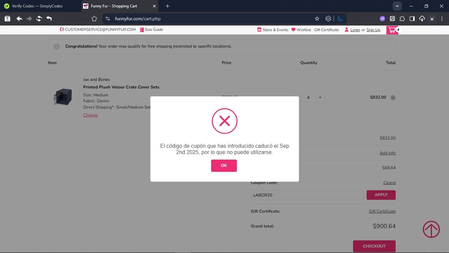Funny Fur promo code screenshot showing code LABOR20 applied at Funny Fur checkout page. Uploaded by SimplyCodes community member USER_RANDON on Sep 27, 2025