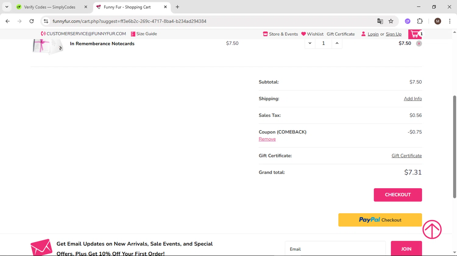 Funny Fur promo code screenshot showing code COMEBACK applied at Funny Fur checkout page. Uploaded by SimplyCodes community member KTMCRF on May 26, 2025