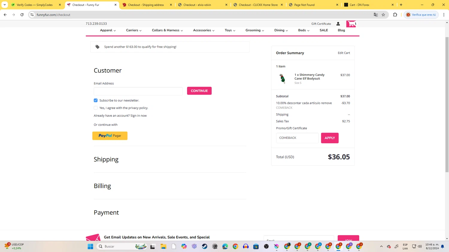 Funny Fur checkout page showing Funny Fur promo code box | Screenshot taken by SimplyCodes community member on Dec 8, 2024