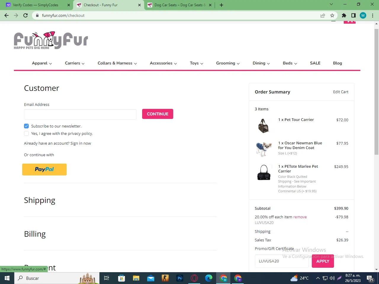 Funny Fur checkout page showing Funny Fur promo code box | Screenshot taken by SimplyCodes community member on May 26, 2023