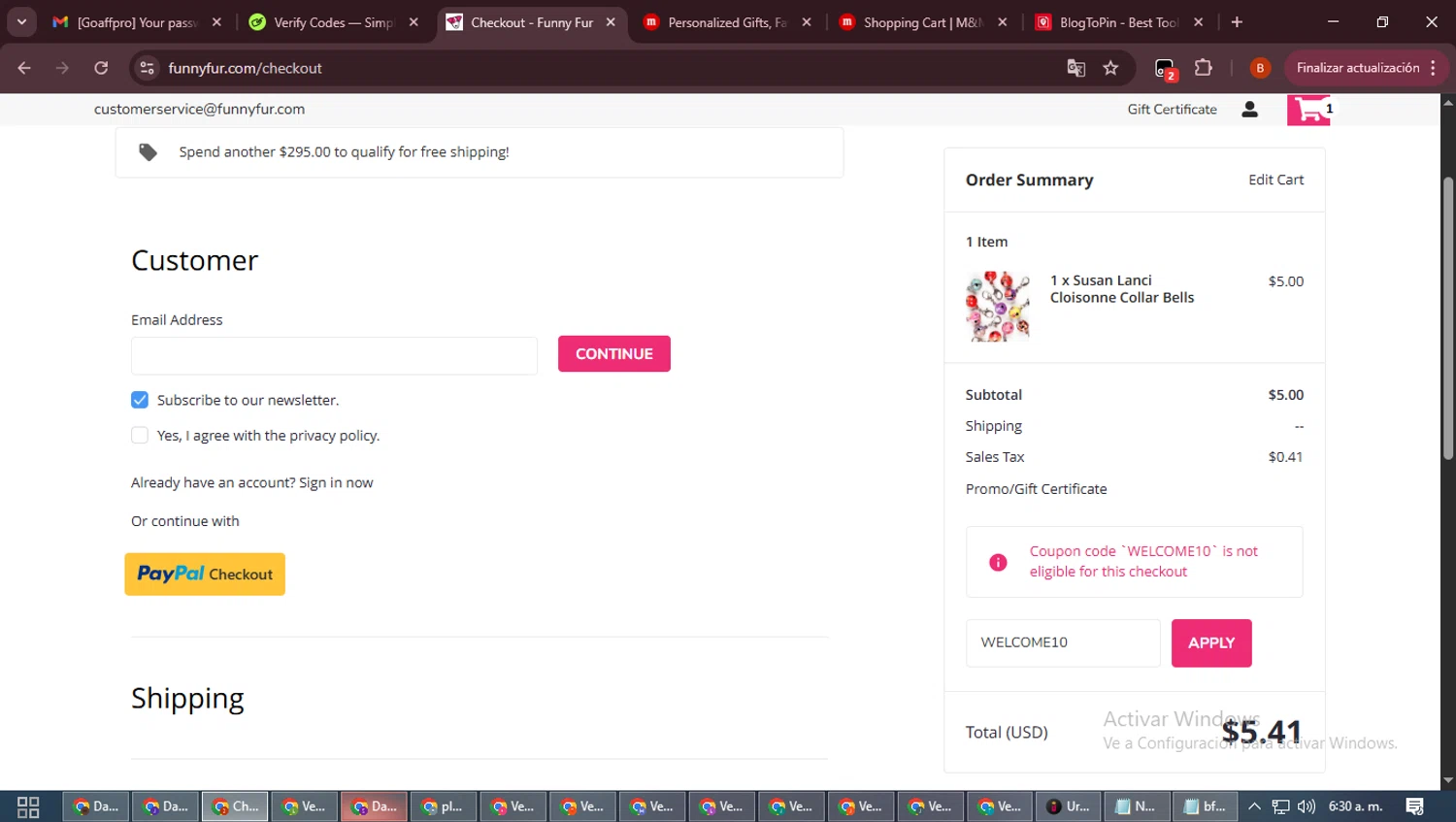 Funny Fur promo code screenshot showing code WELCOME10 applied at Funny Fur checkout page. Uploaded by SimplyCodes community member DiscountExpert6435 on Dec 12, 2025