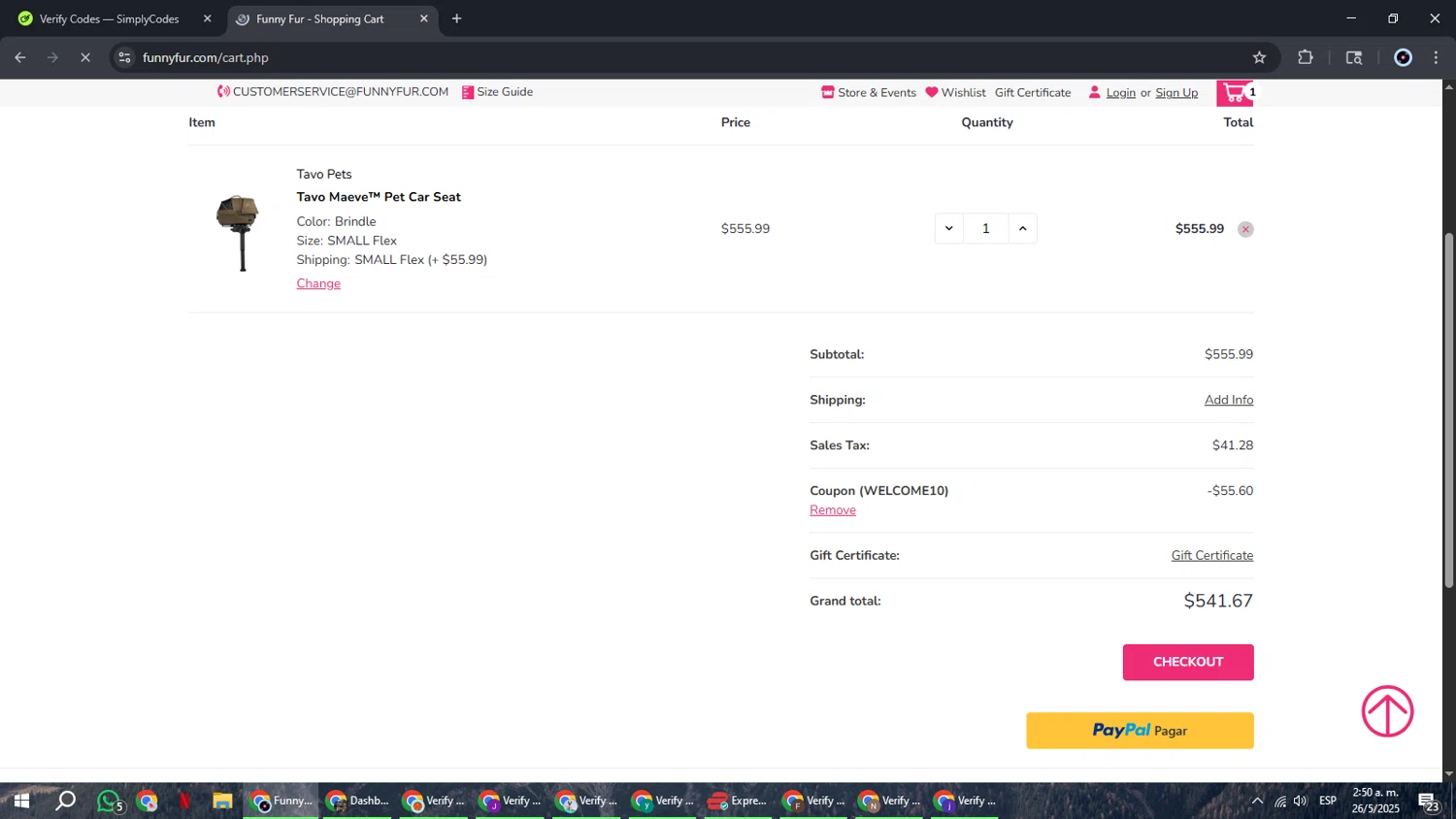 Funny Fur promo code screenshot showing code WELCOME10 applied at Funny Fur checkout page. Uploaded by SimplyCodes community member RoyalBoss4384 on May 26, 2025