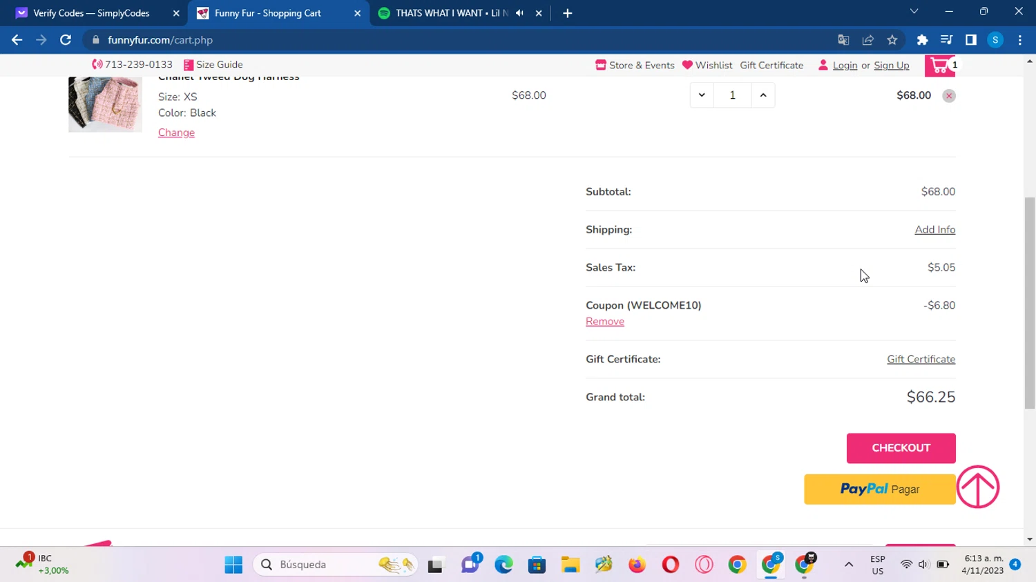 Funny Fur checkout page showing Funny Fur promo code box | Screenshot taken by SimplyCodes community member on Nov 4, 2023