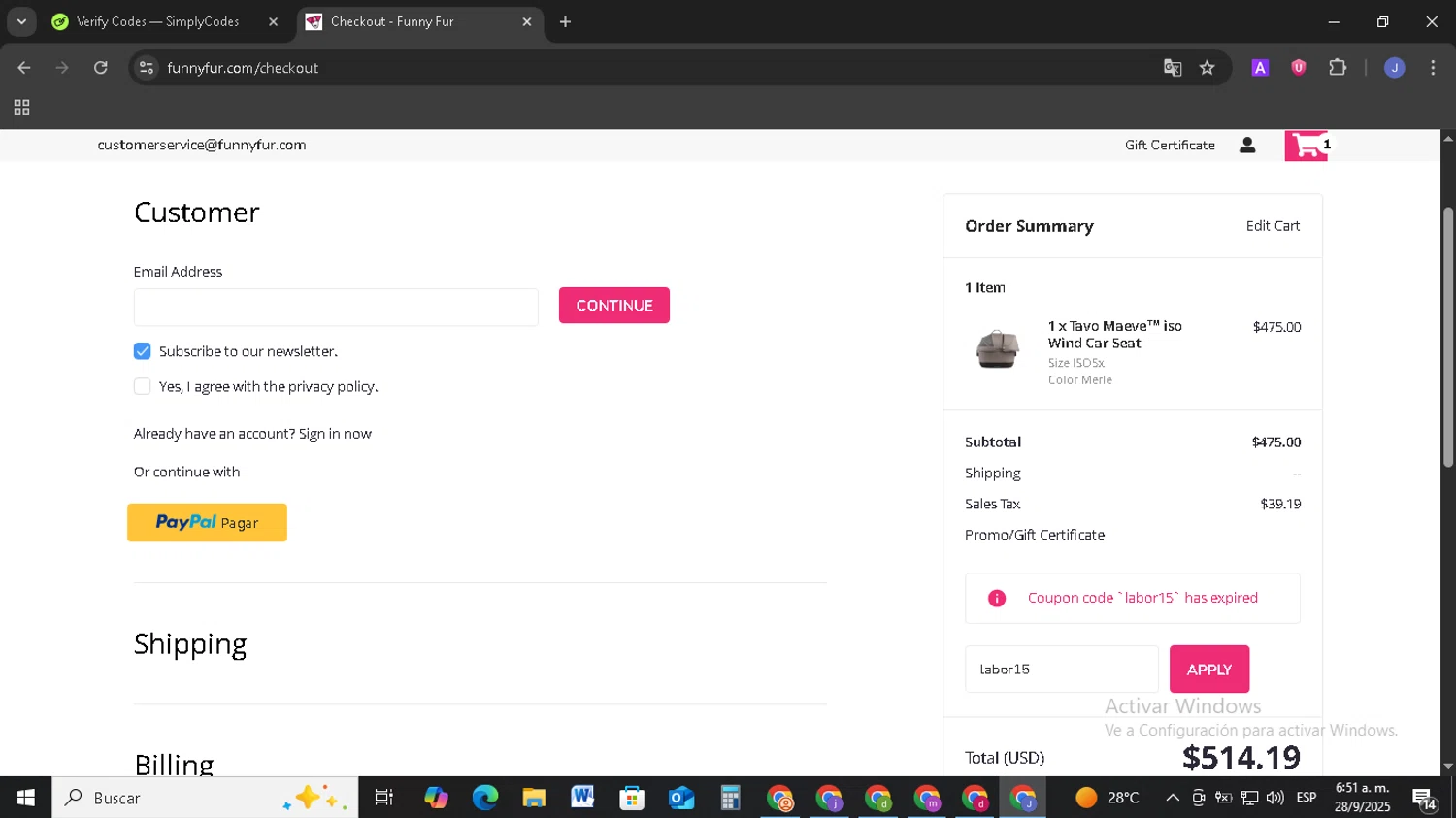 Funny Fur promo code screenshot showing code labor15 applied at Funny Fur checkout page. Uploaded by SimplyCodes community member EpicSage3474 on Sep 28, 2025