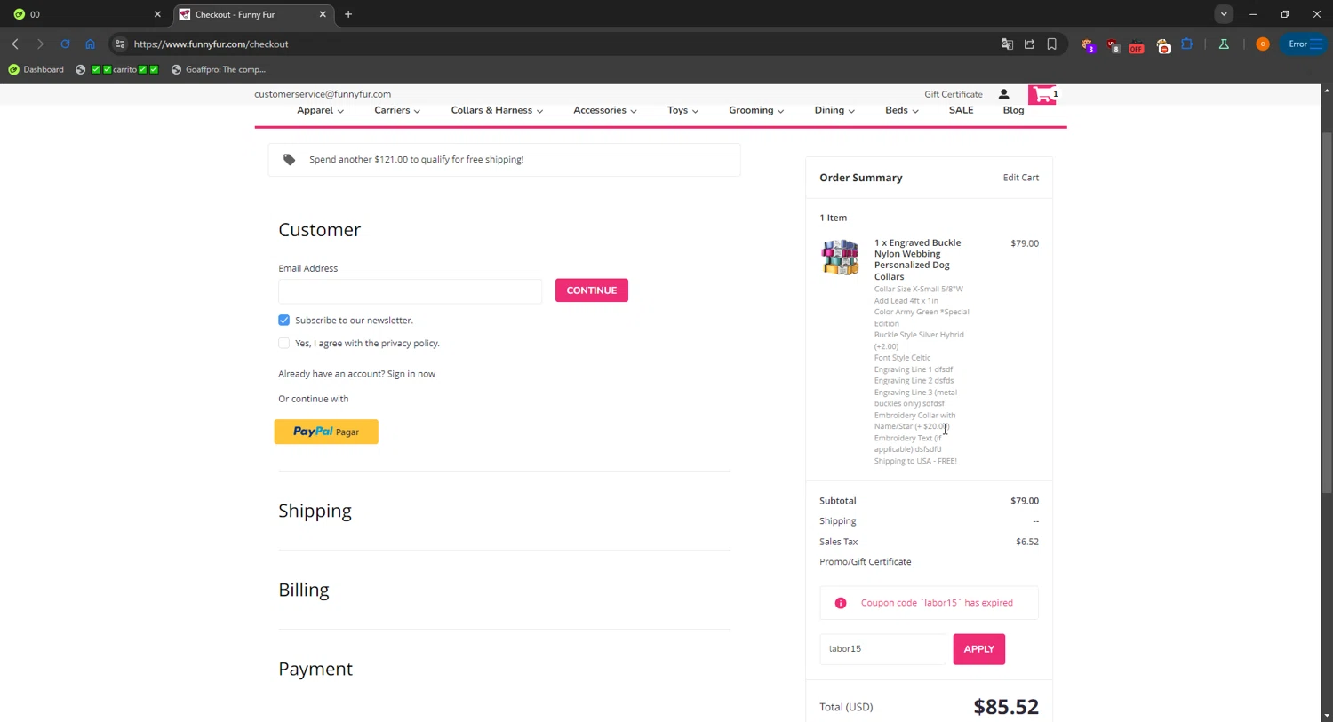 Funny Fur promo code screenshot showing code labor15 applied at Funny Fur checkout page. Uploaded by SimplyCodes community member LOgoter on Sep 28, 2025