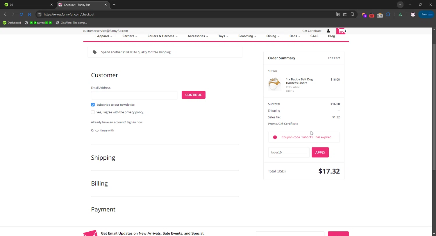 Funny Fur promo code screenshot showing code labor15 applied at Funny Fur checkout page. Uploaded by SimplyCodes community member gribethr on Sep 28, 2025