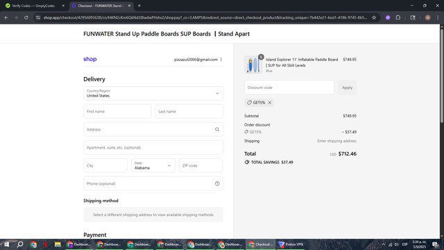 Funwater checkout page showing Funwater discount code box | Screenshot taken by SimplyCodes community member on Sep 5, 2025