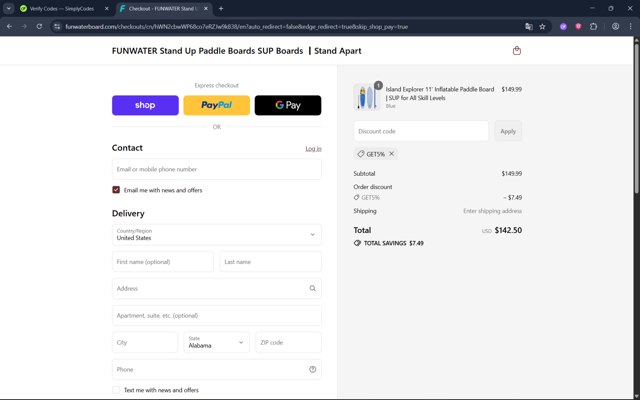Funwater checkout page showing Funwater discount code box | Screenshot taken by SimplyCodes community member on Sep 5, 2025
