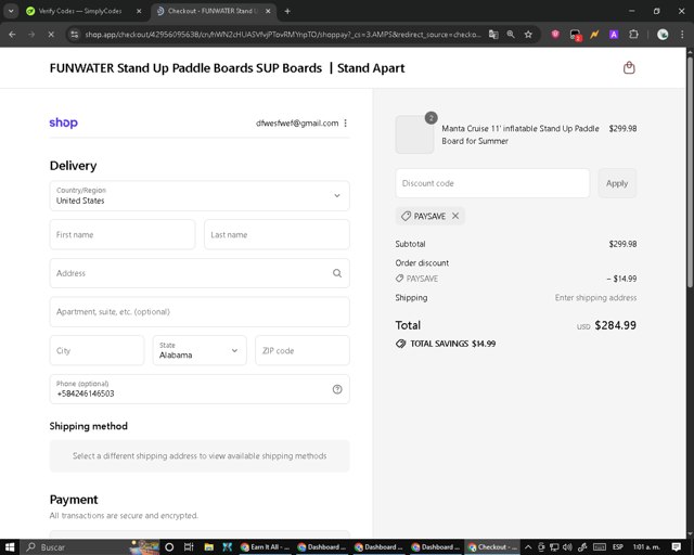 Funwater checkout page showing Funwater discount code box | Screenshot taken by SimplyCodes community member on Sep 5, 2025