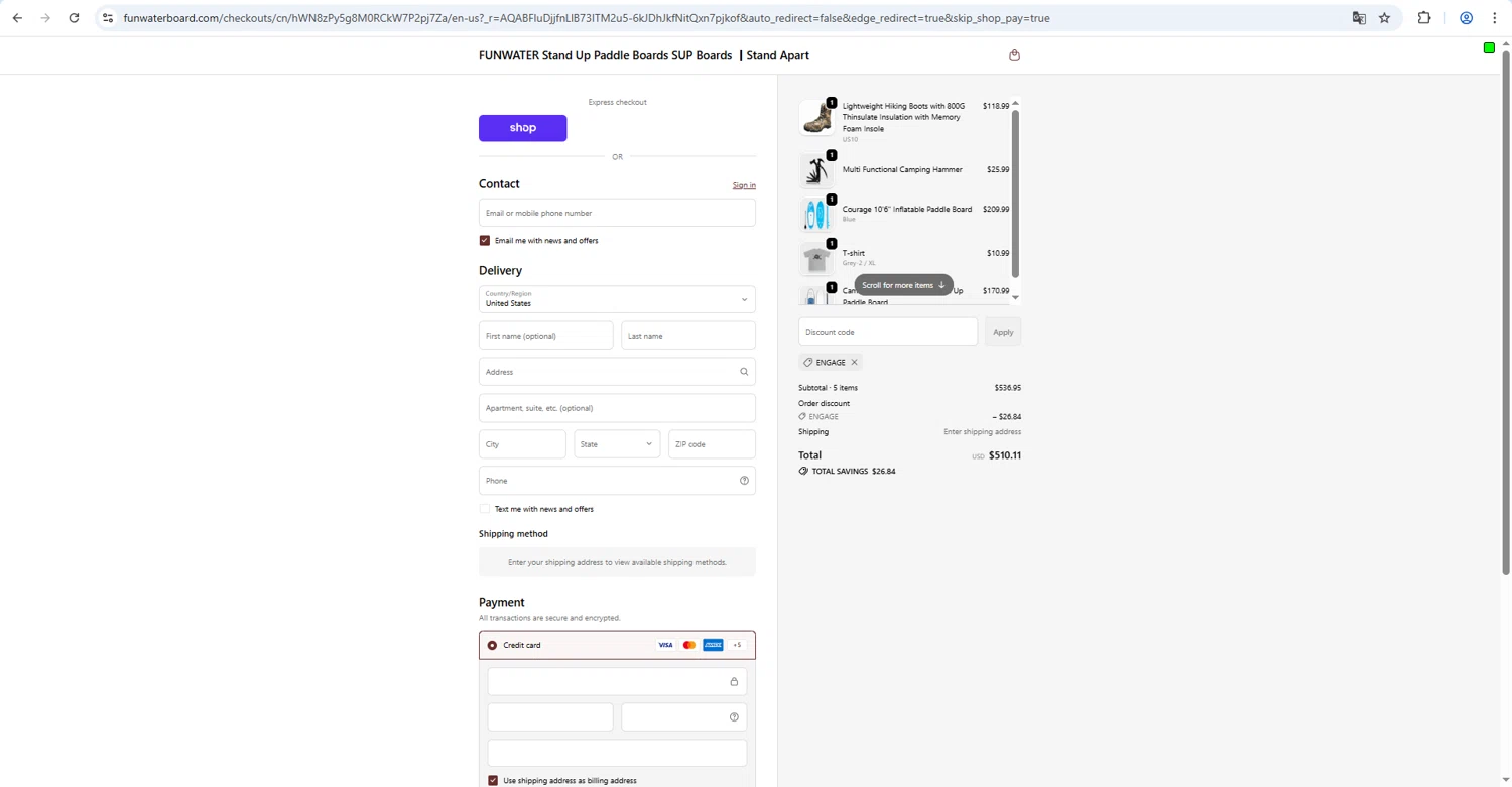 Funwater promo code screenshot showing code ENGAGE applied at Funwater checkout page. Uploaded by SimplyCodes community member megagei on Feb 20, 2026