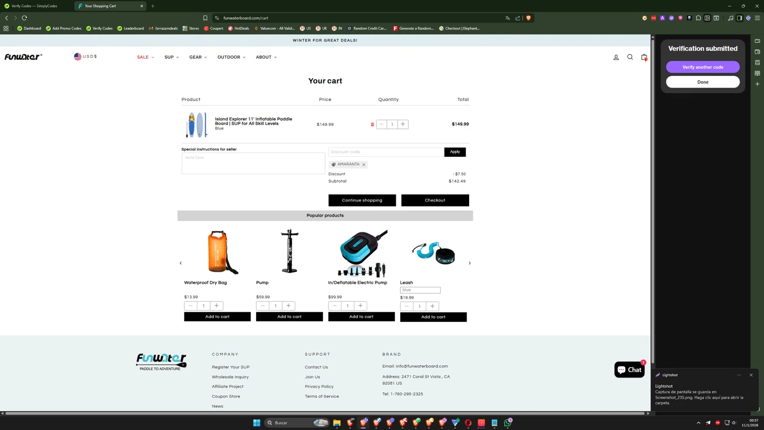 Funwater promo code screenshot showing code AMARANTA applied at Funwater checkout page. Uploaded by SimplyCodes community member ilarrazaM4 on Jan 11, 2026