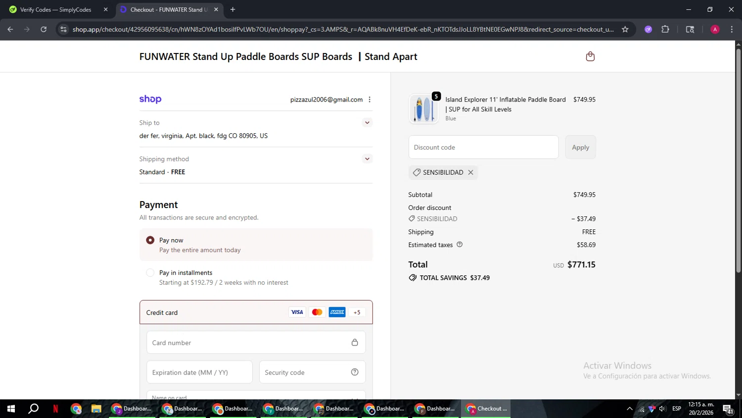 Funwater promo code screenshot showing code SENSIBILIDAD applied at Funwater checkout page. Uploaded by SimplyCodes community member BMWGS1200 on Feb 20, 2026