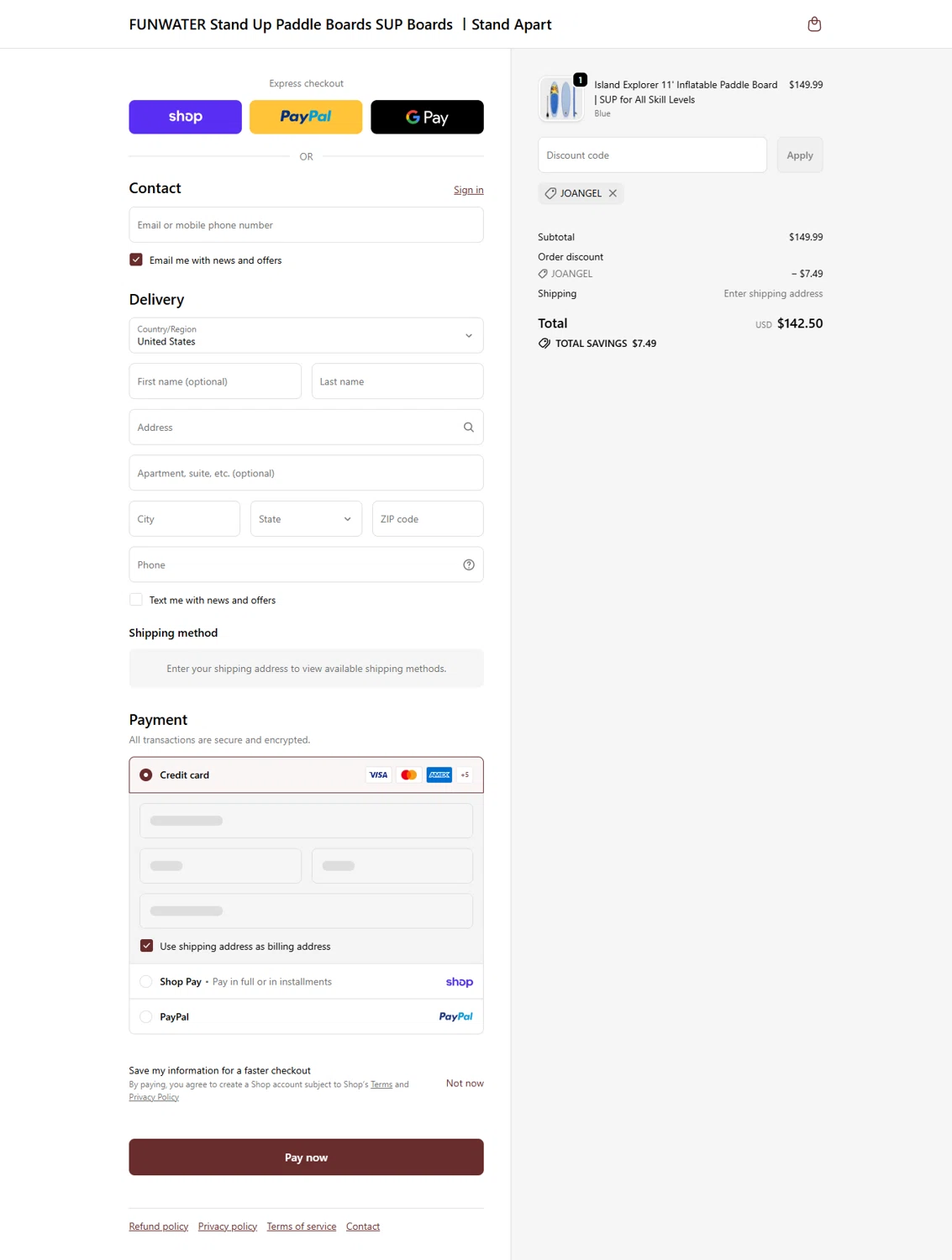 Funwater promo code screenshot showing code JOANGEL applied at Funwater checkout page. Uploaded by SimplyCodes community member kanEki12 on Jun 7, 2026