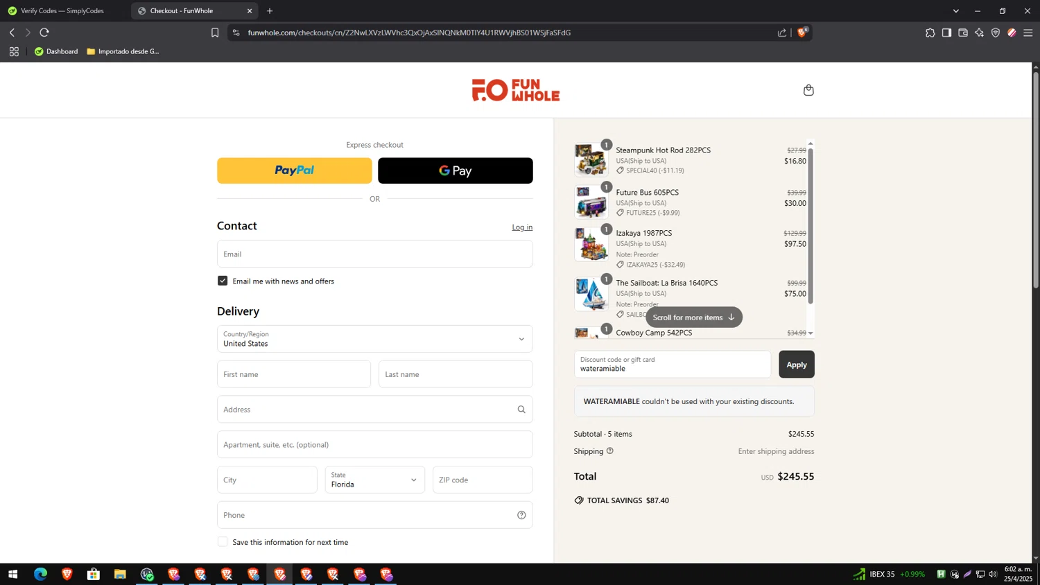 Lumibricks promo code screenshot showing code wateramiable applied at Lumibricks checkout page. Uploaded by SimplyCodes community member CleverTracker4432 on Apr 25, 2025
