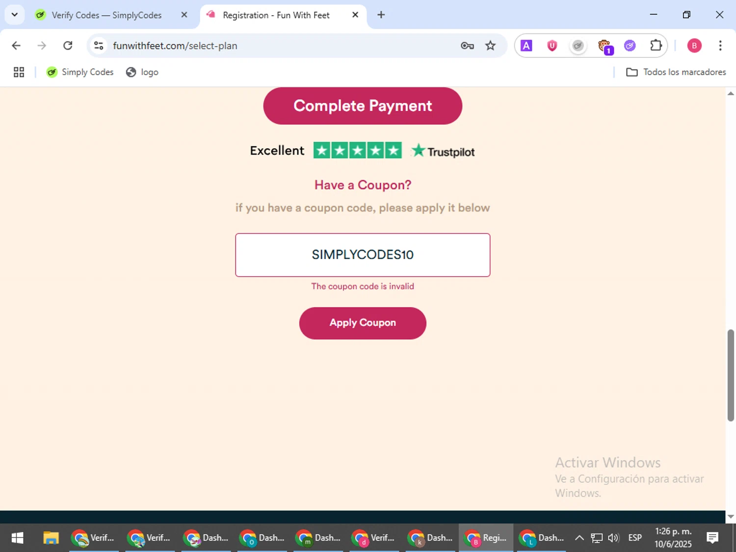Fun with Feet promo code screenshot showing code SIMPLYCODES10 applied at Fun with Feet checkout page. Uploaded by SimplyCodes community member bombontropical on Jun 10, 2025