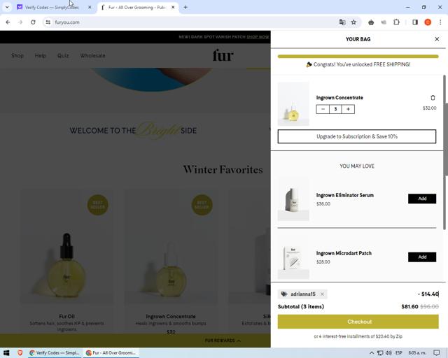 Fur checkout page showing Fur discount code box | Screenshot taken by SimplyCodes community member on Mar 14, 2024