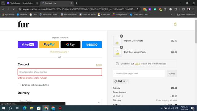 Fur checkout page showing Fur discount code box | Screenshot taken by SimplyCodes community member on Mar 24, 2024