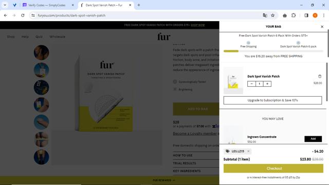 Fur checkout page showing Fur discount code box | Screenshot taken by SimplyCodes community member on Mar 22, 2024