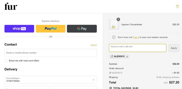 Fur checkout page showing Fur discount code box | Screenshot taken by SimplyCodes community member on Mar 26, 2024