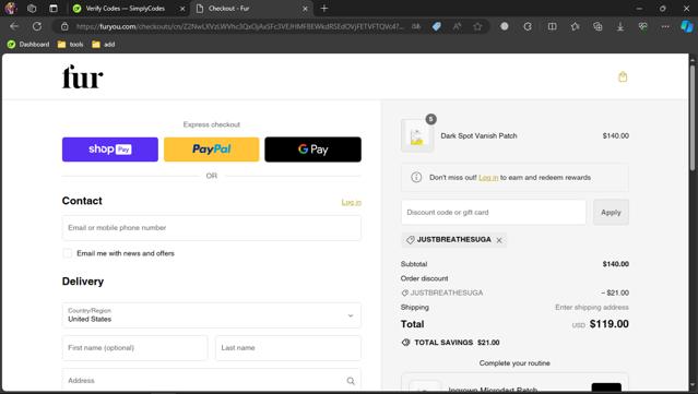Fur checkout page showing Fur discount code box | Screenshot taken by SimplyCodes community member on Apr 24, 2024