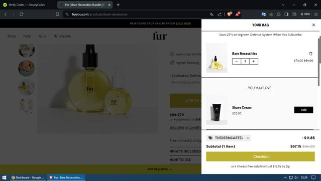 Fur checkout page showing Fur discount code box | Screenshot taken by SimplyCodes community member on Apr 27, 2024