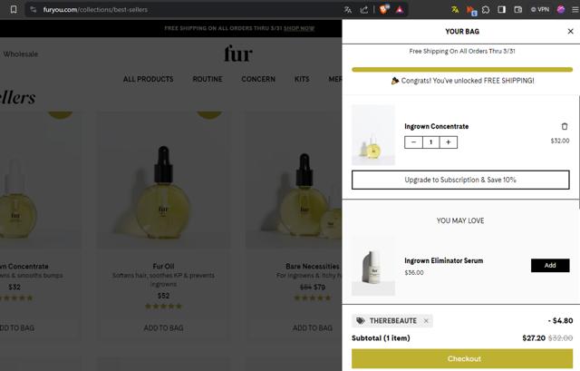 Fur checkout page showing Fur discount code box | Screenshot taken by SimplyCodes community member on Mar 29, 2024