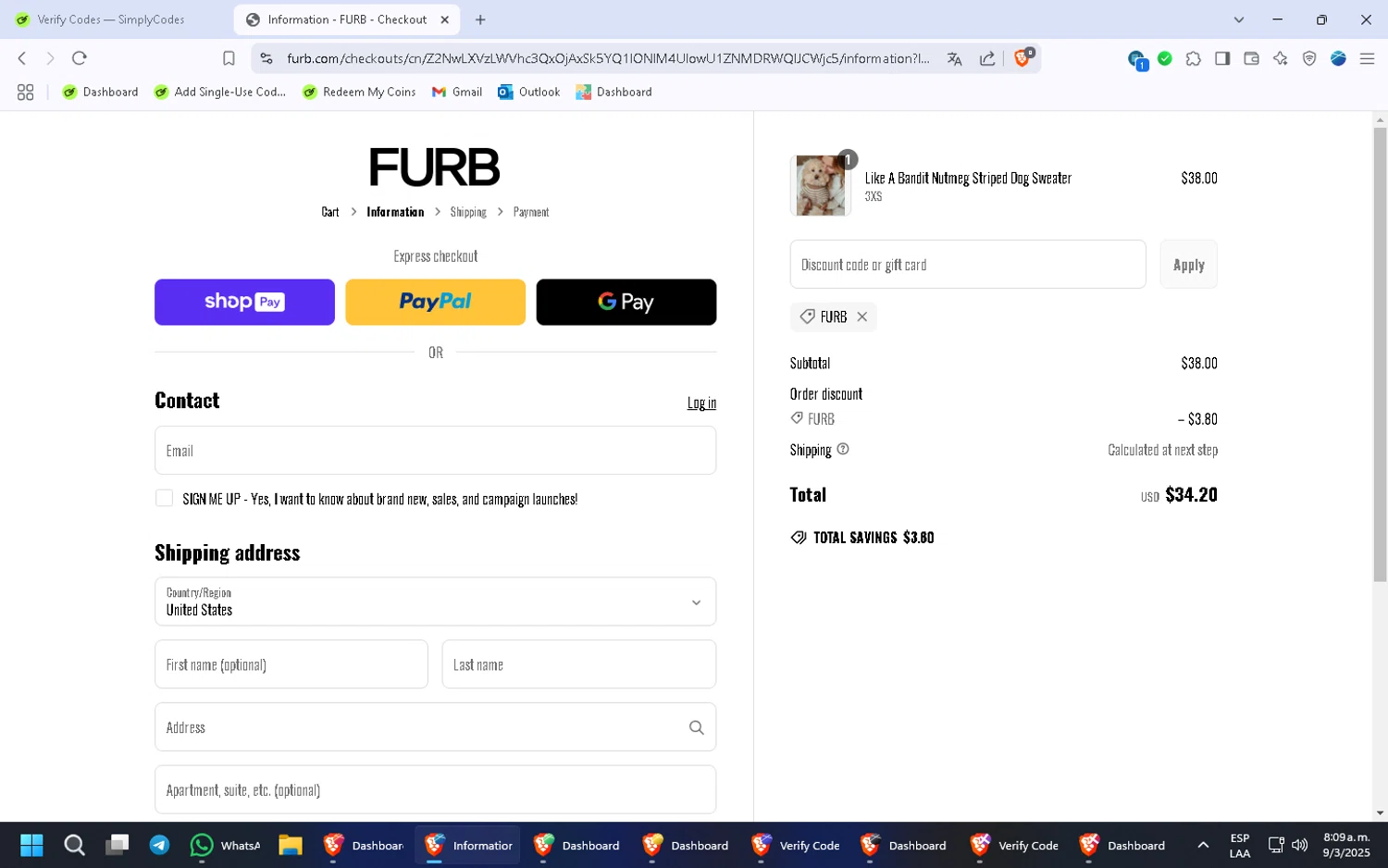 Furb discount code screenshot showing code Furb applied at Furb checkout page. Uploaded by SimplyCodes community member HugoChavez1 on Mar 9, 2025