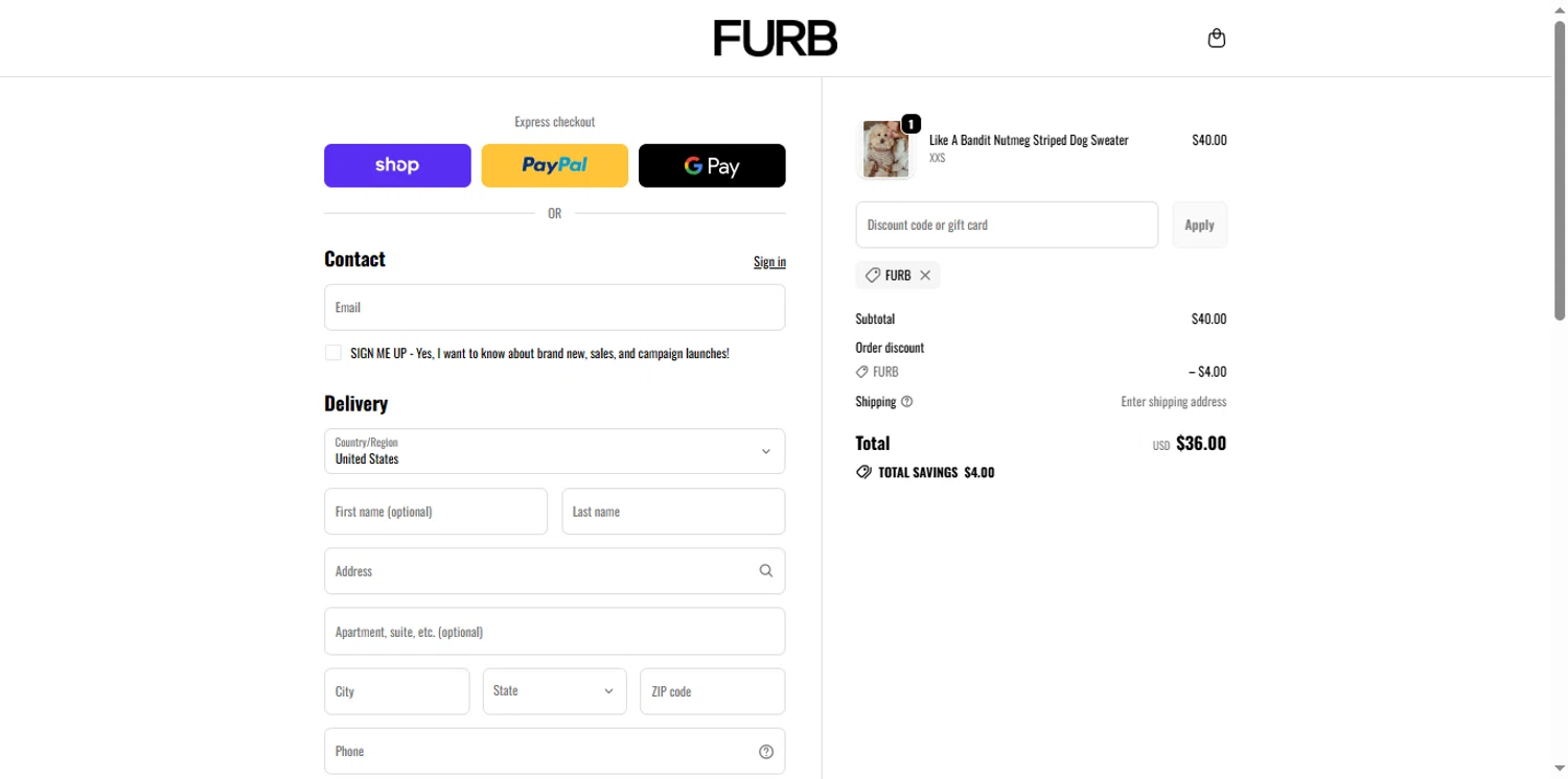 Furb discount code screenshot showing code Furb applied at Furb checkout page. Uploaded by SimplyCodes community member the_loose_cannon on Sep 25, 2025