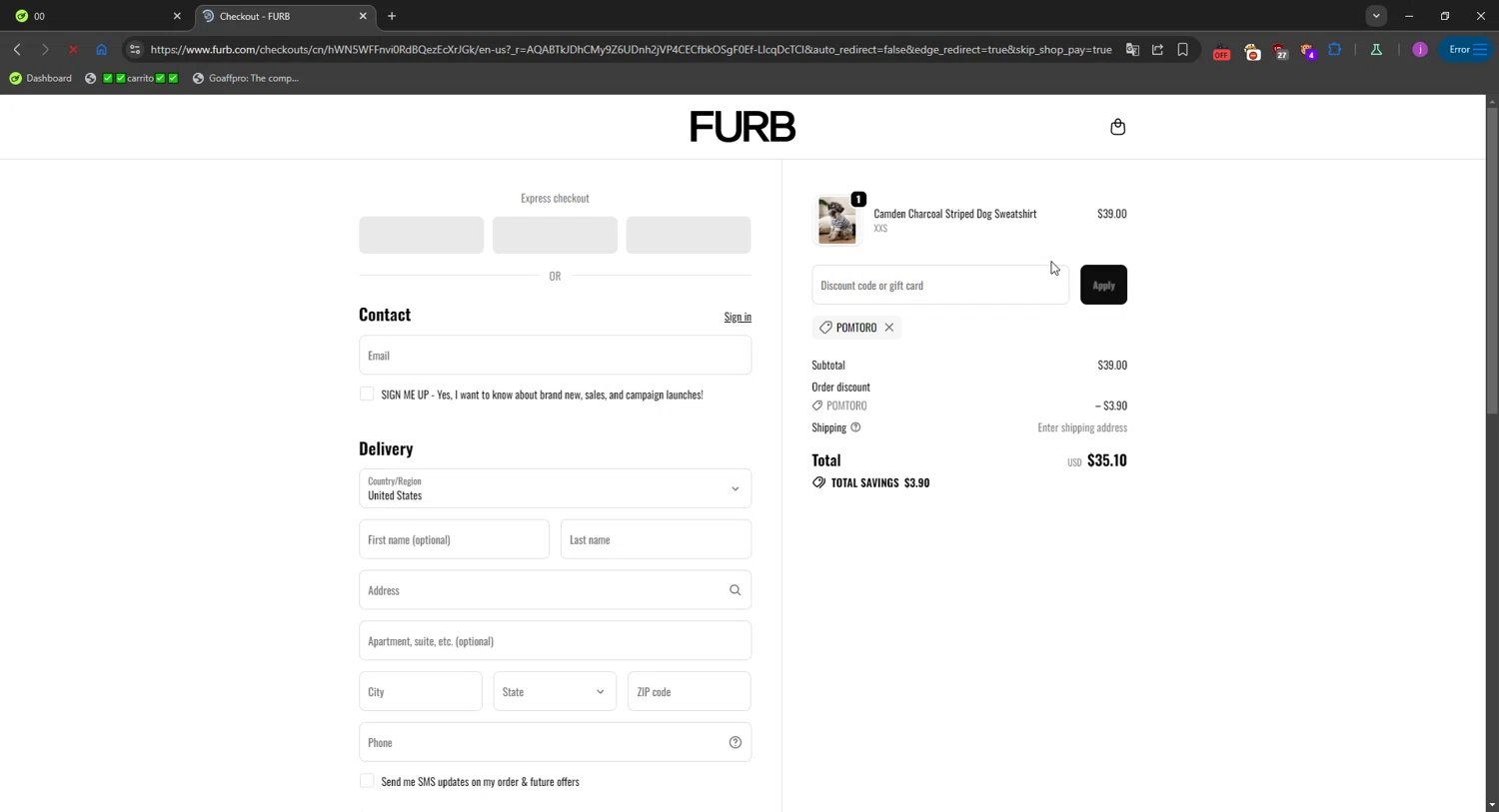 Furb discount code screenshot showing code Pomtoro applied at Furb checkout page. Uploaded by SimplyCodes community member WonderMaverick6123 on Nov 20, 2025