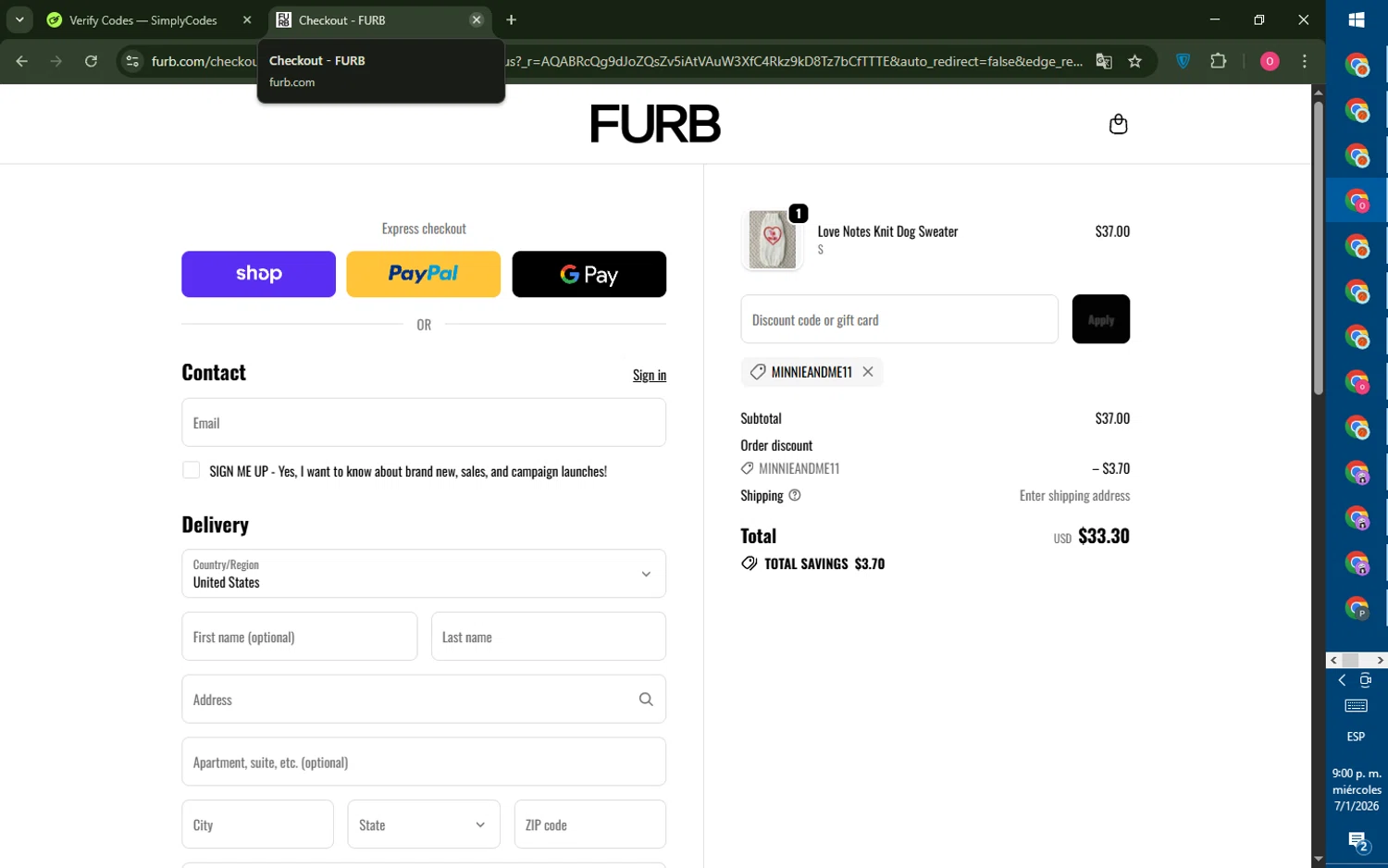 Furb discount code screenshot showing code MINNIEANDME11 applied at Furb checkout page. Uploaded by SimplyCodes community member LegendaryRanger6350 on Jan 8, 2026