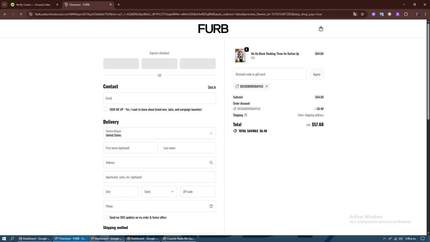 Furb discount code screenshot showing code Designerdogmylo applied at Furb checkout page. Uploaded by SimplyCodes community member dennygomez on Dec 28, 2025