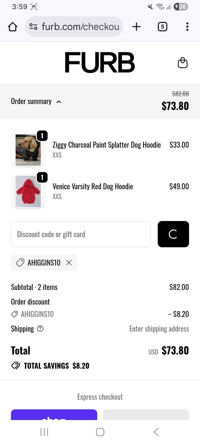 Furb discount code screenshot showing code Ahiggins10 applied at Furb checkout page. Uploaded by SimplyCodes community member KarinaHZ on Nov 20, 2025