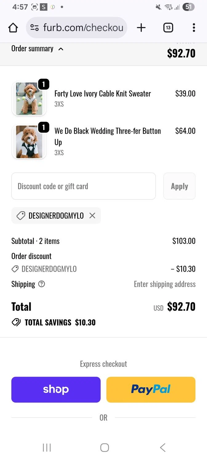 Furb discount code screenshot showing code Designerdogmylo applied at Furb checkout page. Uploaded by SimplyCodes community member KarinaHZ on Dec 24, 2025