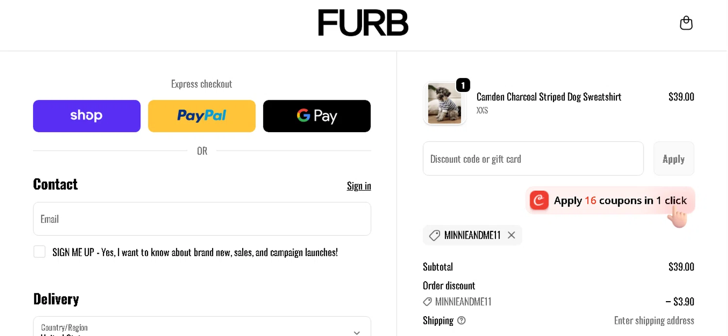Furb discount code screenshot showing code MINNIEANDME11 applied at Furb checkout page. Uploaded by SimplyCodes community member shark12 on Nov 20, 2025