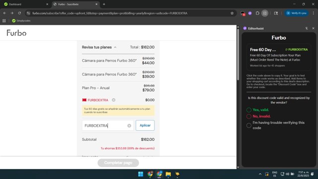 Furbo checkout page showing Furbo promo code box | Screenshot taken by SimplyCodes community member on Aug 22, 2025