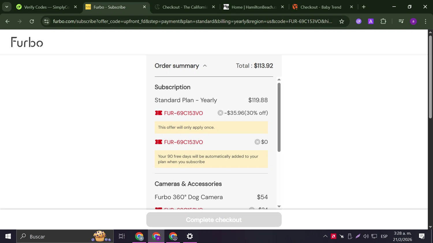 Furbo promo code screenshot showing code FUR-69C153VO applied at Furbo checkout page. Uploaded by SimplyCodes community member Frizk_1 on Feb 21, 2026