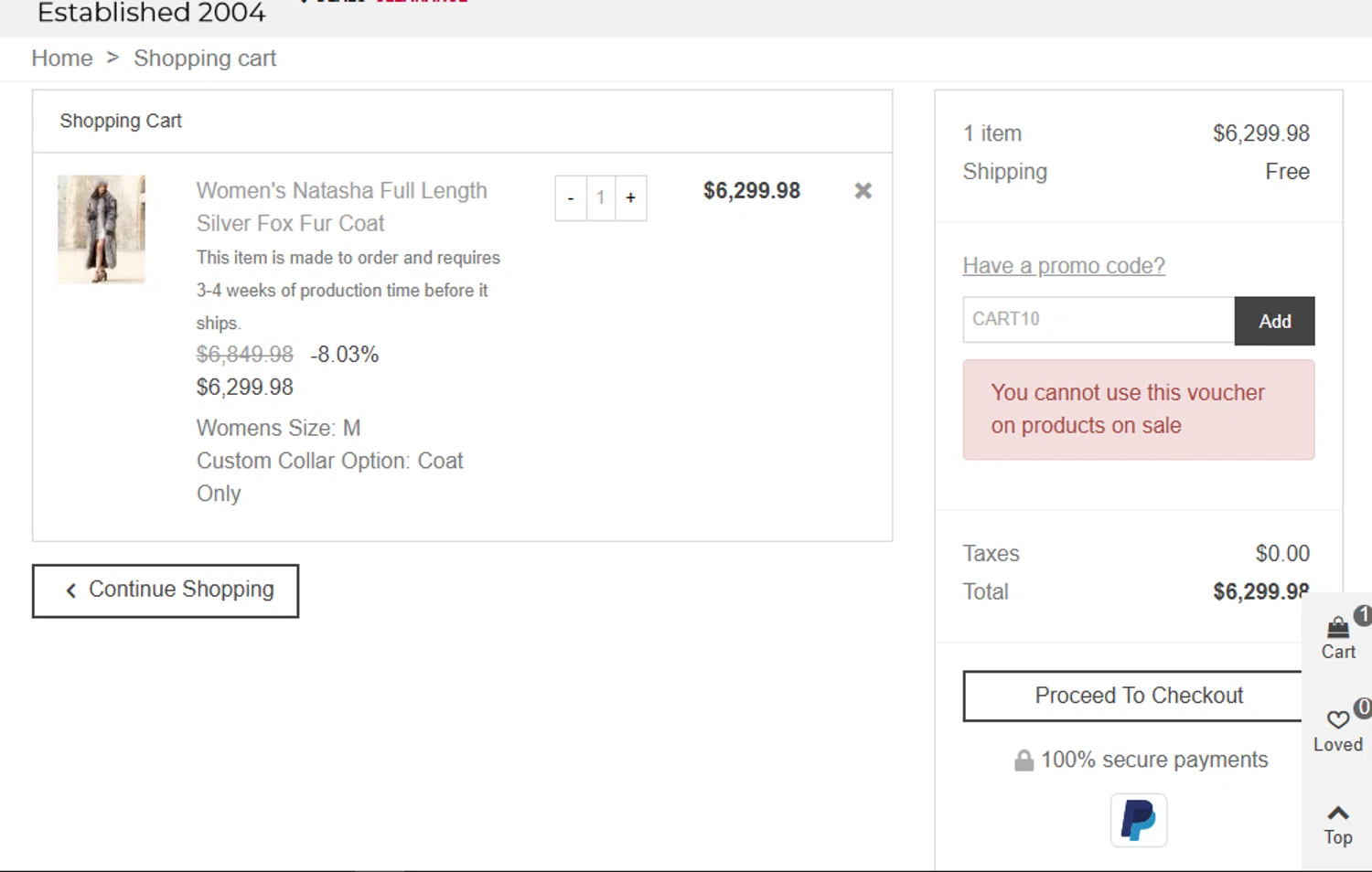 Fur Hat World promo code screenshot showing code CART10 applied at Fur Hat World checkout page. Uploaded by SimplyCodes community member BargainSaver8204 on Feb 5, 2025