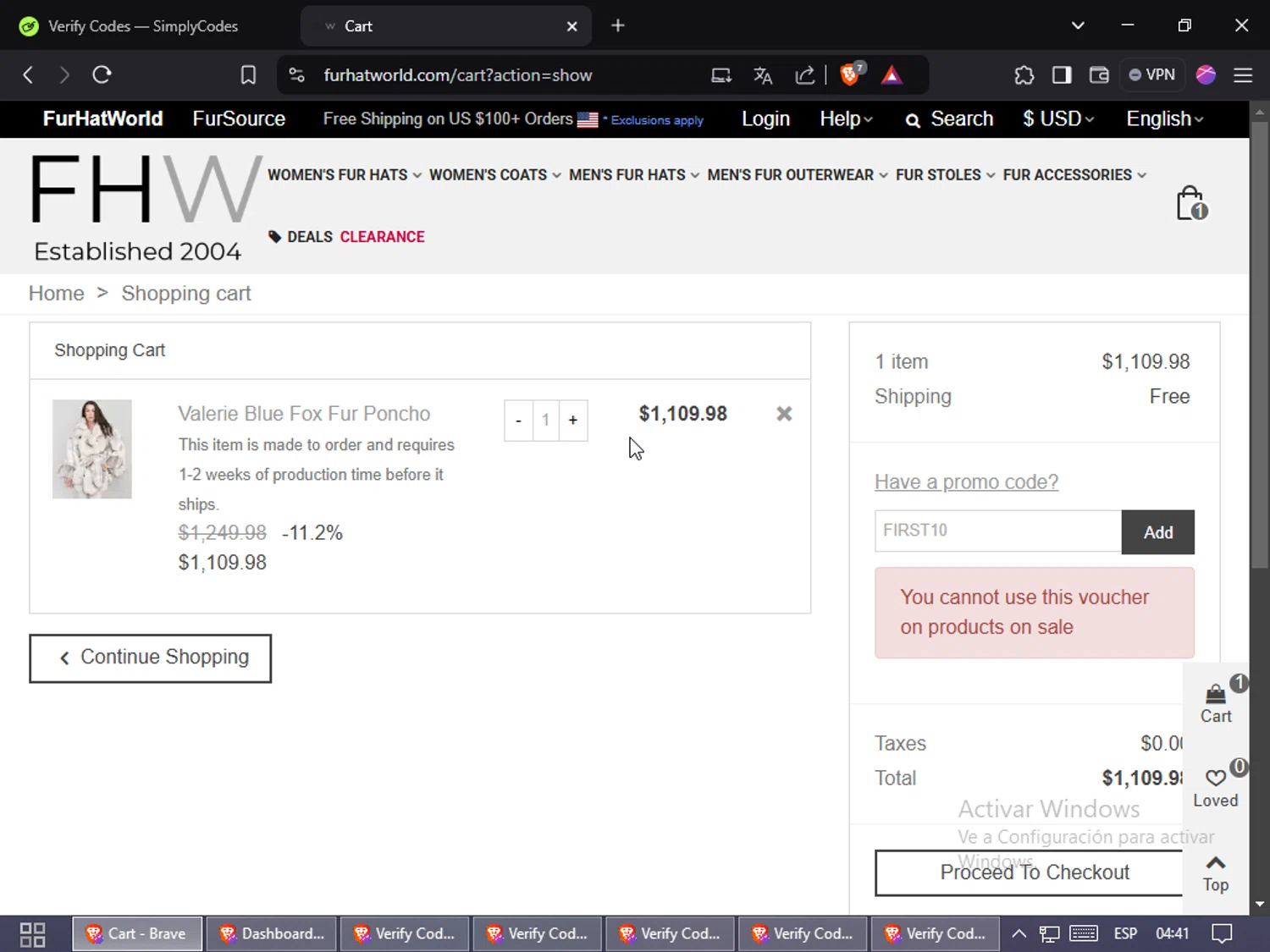 Fur Hat World promo code screenshot showing code FIRST10 applied at Fur Hat World checkout page. Uploaded by SimplyCodes community member Jsjsjsjsjsjsjs on Feb 5, 2025