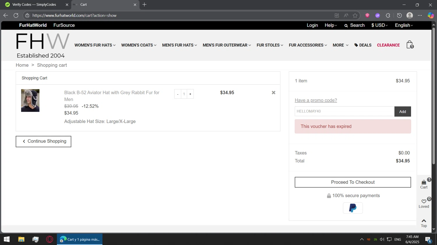 Fur Hat World promo code screenshot showing code HELLOMAY40 applied at Fur Hat World checkout page. Uploaded by SimplyCodes community member BorgeZzz on Jun 4, 2025